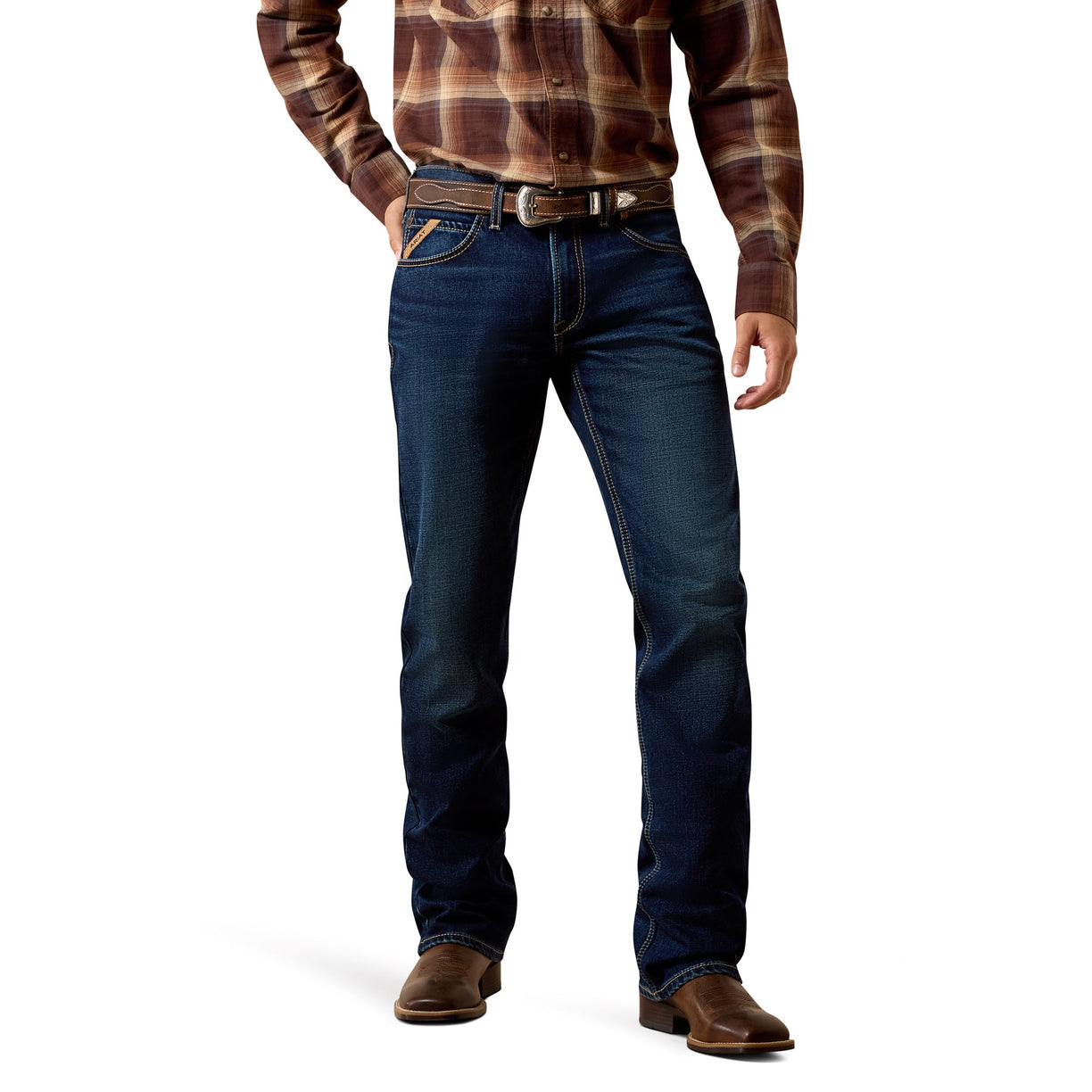Person wearing blue jeans and a plaid shirt on a white background