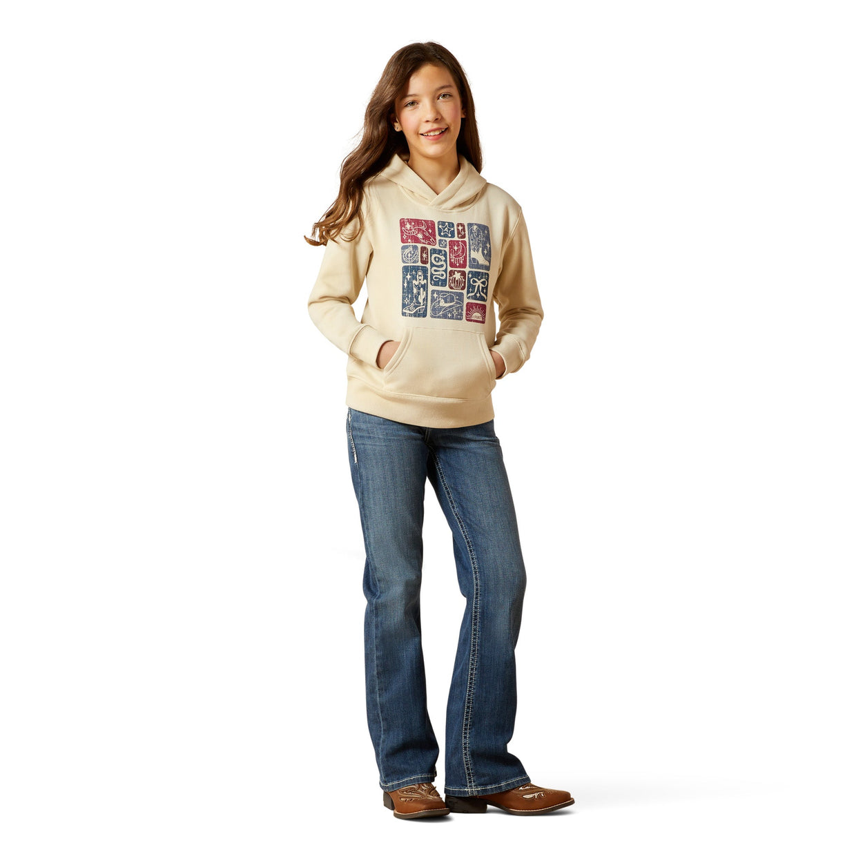 Person wearing a beige hoodie with graphic design and blue jeans on a white background