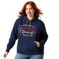 Woman wearing a navy hoodie with branding on a white background
