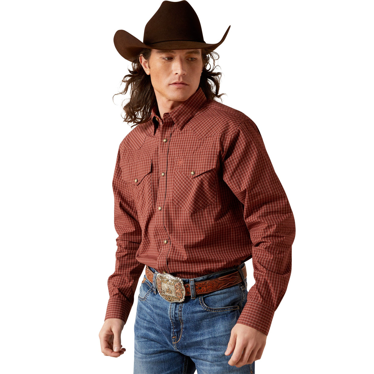 Person wearing a red plaid shirt, blue jeans, and a brown cowboy hat on a white background