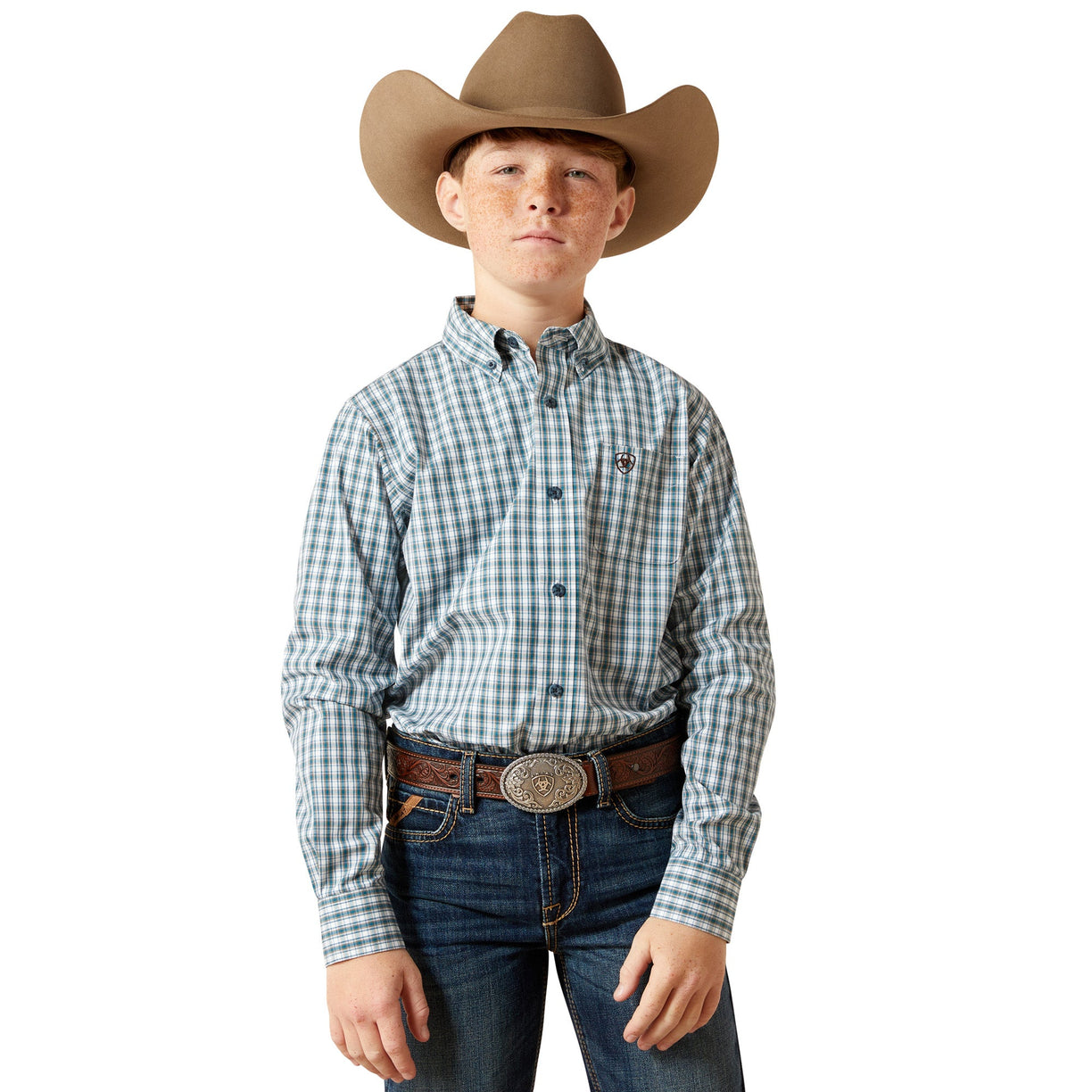 Child wearing a checkered shirt, jeans, and a cowboy hat on a white background