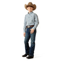 Child wearing a checkered shirt, jeans, and a cowboy hat on a white background