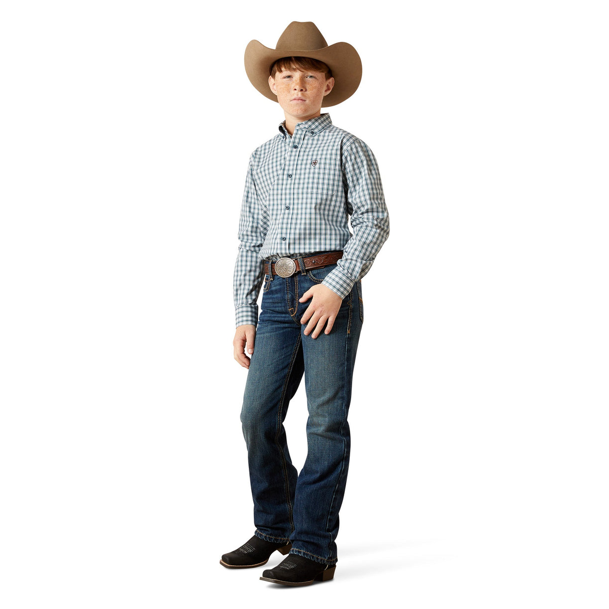 Child wearing a checkered shirt, jeans, and a cowboy hat on a white background
