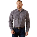 A man wearing a long-sleeve button-down shirt with a small-scale gray and white micro-check pattern, featuring two chest pockets and a brown leather belt, set against a plain white background.
