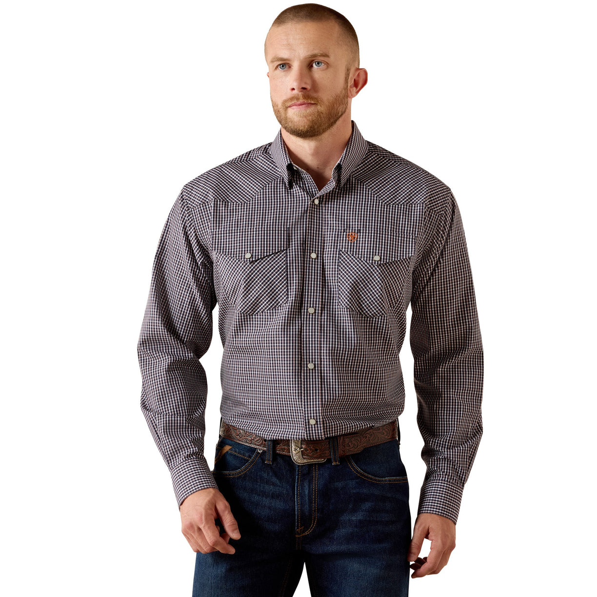 A man wearing a long-sleeve button-down shirt with a small-scale gray and white micro-check pattern, featuring two chest pockets and a brown leather belt, set against a plain white background.