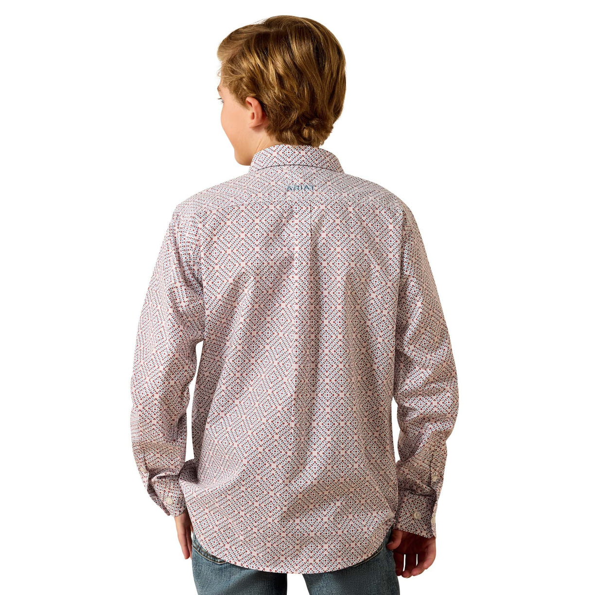 Person wearing a patterned shirt on a white background