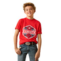 Child wearing a red Ariat t-shirt on a white background