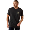 Man wearing a black t-shirt with a logo on a white background