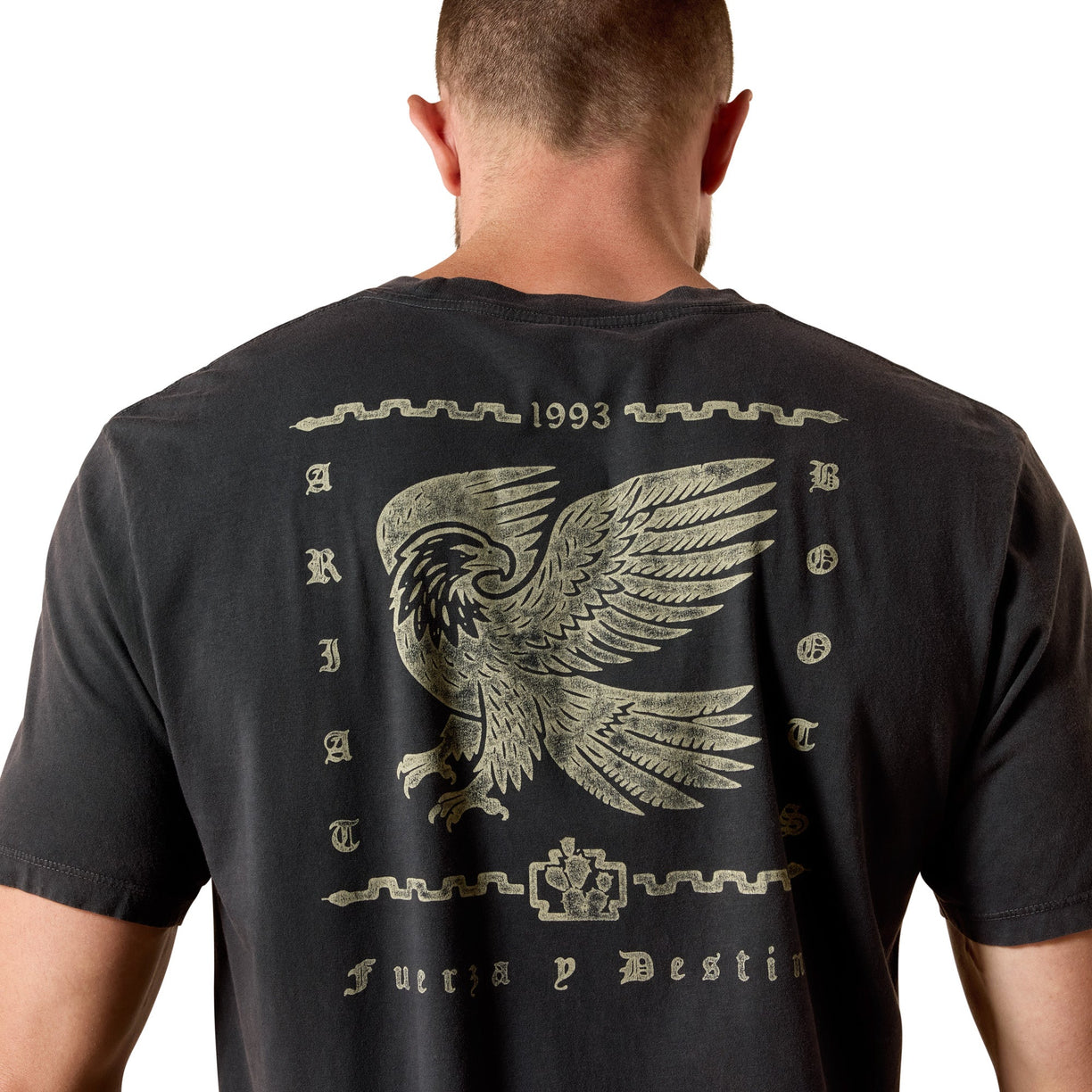 Black t-shirt with an eagle design on the back, worn by a person.