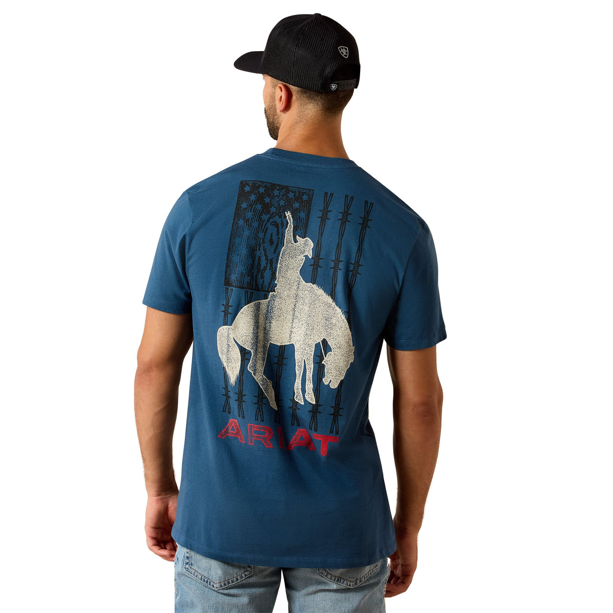 Man wearing a blue t-shirt with a graphic design and 'ARAT' text on the back, standing against a white background.