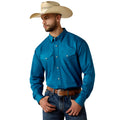 Man wearing a blue shirt, jeans, and a cowboy hat on a white background
