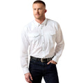 Man wearing a white shirt and dark jeans on a white background