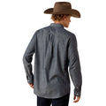 A man shown from the back wearing a dark gray long-sleeve western shirt and a brown cowboy hat, photographed against a plain white background.