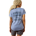 Heathered blue tee with a Working Hard As a Mother graphic on the back