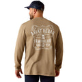 Tan long sleeve tee with an ornate American Work Wear graphic on the back