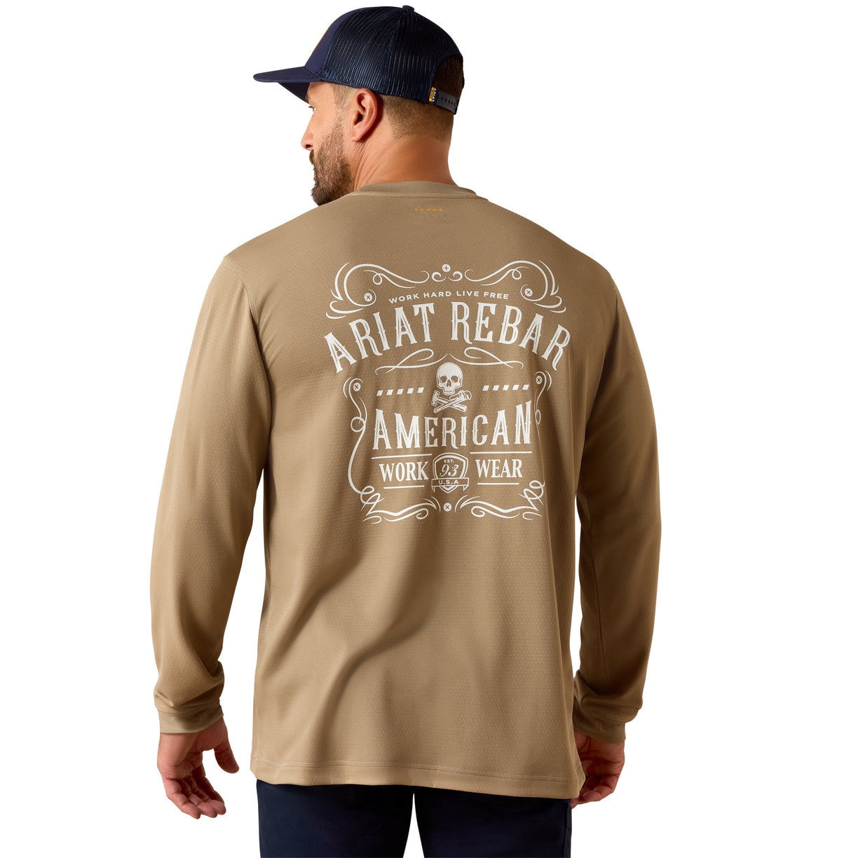 Tan long sleeve tee with an ornate American Work Wear graphic on the back