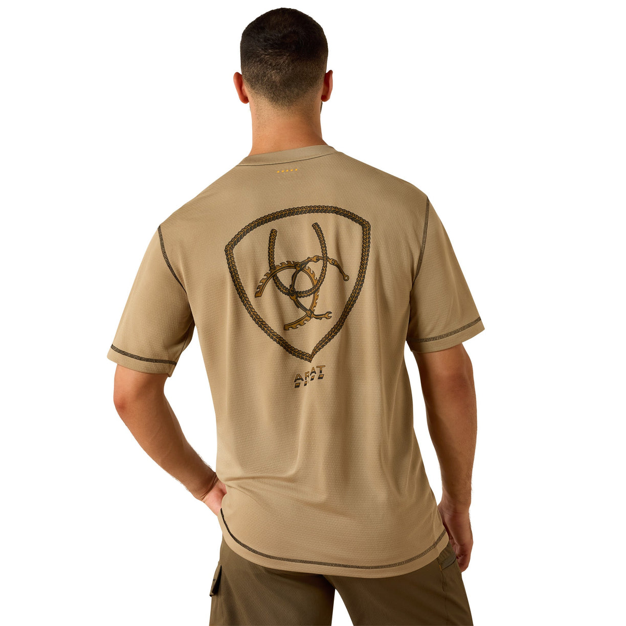 Tan short sleeve tee, rear view showing the shield logo graphic