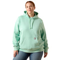 A woman wearing a mint green pullover hoodie with a drawstring hood and kangaroo pocket, paired with blue jeans, against a plain white background.