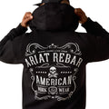 Black hoodie with white text and graphics on the back, featuring the Ariat Rebar brand.