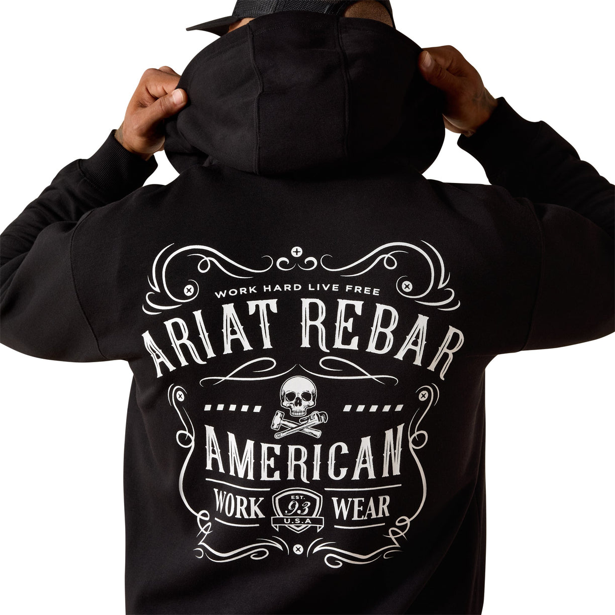 Black hoodie with white text and graphics on the back, featuring the Ariat Rebar brand.