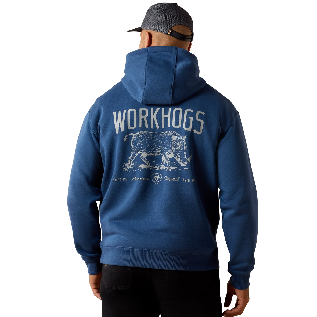 Person wearing a blue hoodie with 'Workhogs' branding on the back, standing against a white background.