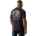 Charcoal heather tee with a vintage skull badge graphic on the back
