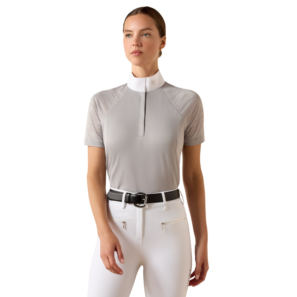 Light grey short sleeve show shirt with tiger stripe mesh shoulder panels and white collar