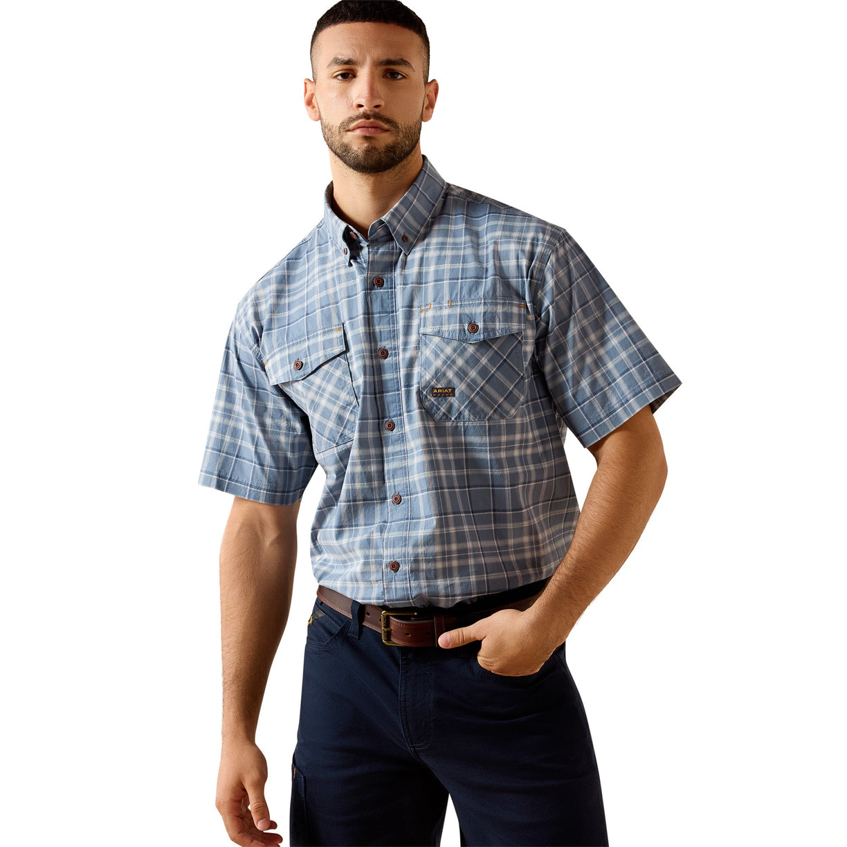 Ariat Rebar Made Tough DuraStretch Work Shirt in Dark Denim plaid with dual chest pockets