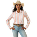 Woman wearing a striped shirt, jeans, and a cowboy hat on a white background