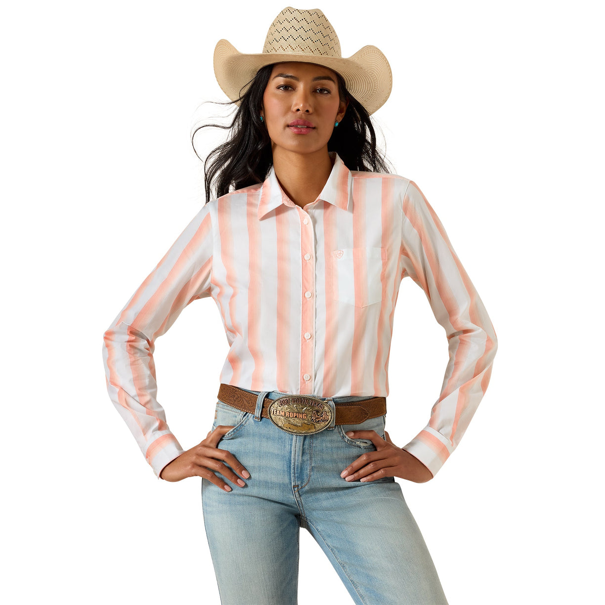 Woman wearing a striped shirt, jeans, and a cowboy hat on a white background