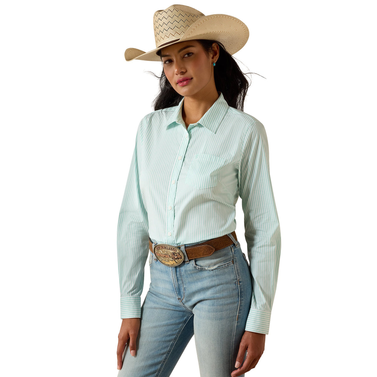 Woman wearing a light blue striped shirt, jeans, and a cowboy hat on a white background