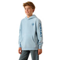 Child wearing a light blue hoodie with 'Ariat' branding on a white background