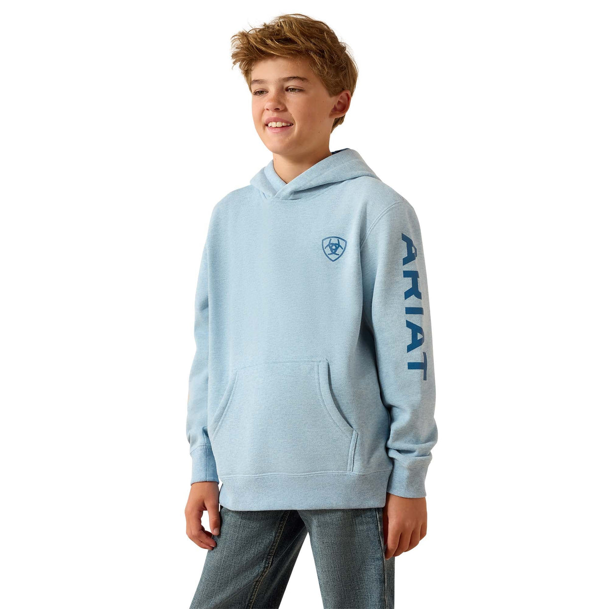 Child wearing a light blue hoodie with 'Ariat' branding on a white background