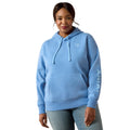 A woman modeling a light blue heathered pullover hoodie with a drawstring hood, kangaroo pocket, and vertical ARIAT branding on the left sleeve, paired with light-wash jeans against a plain white background.