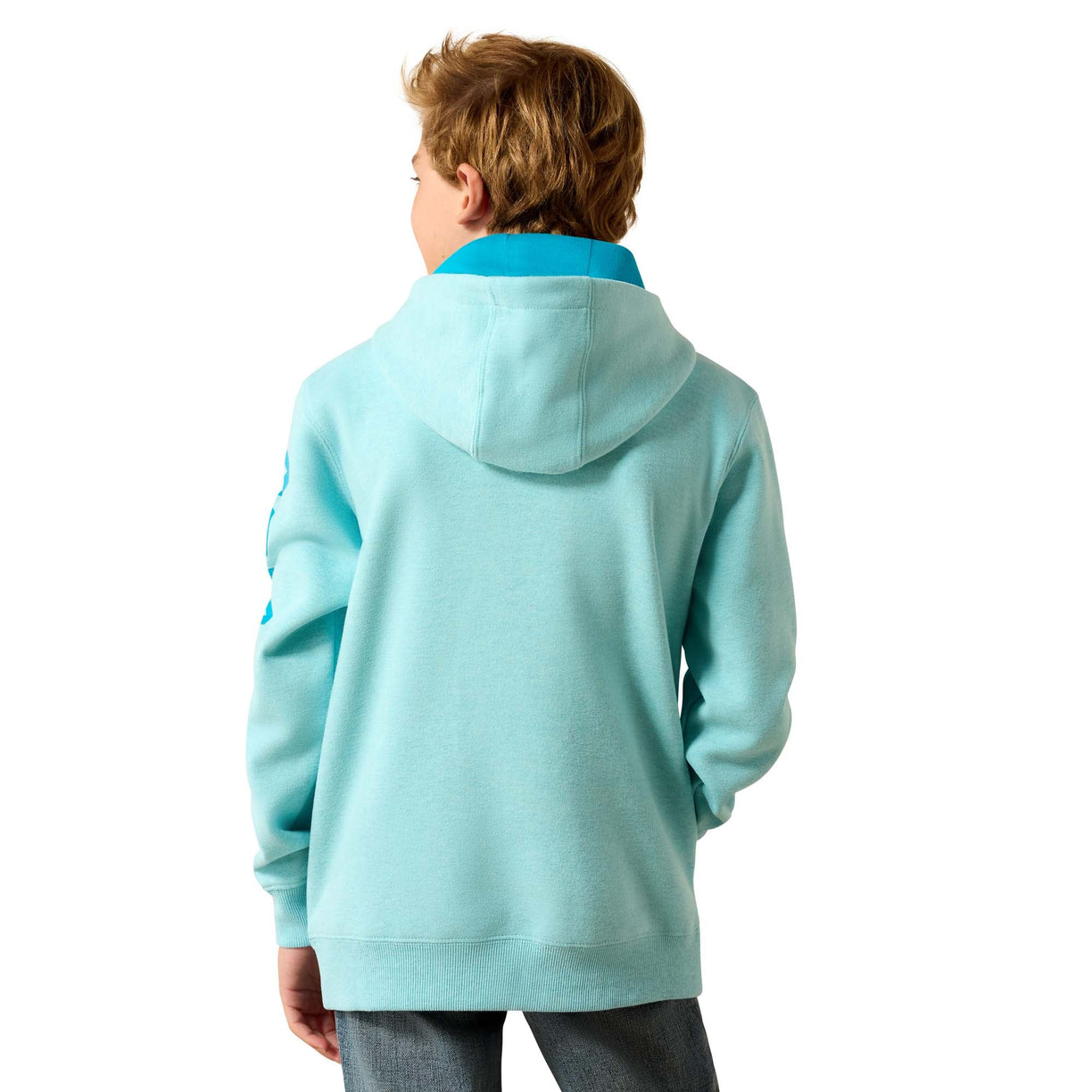 A child shown from the back wearing a light aqua hooded sweatshirt with a bright turquoise inner collar, paired with gray jeans, against a plain white background.