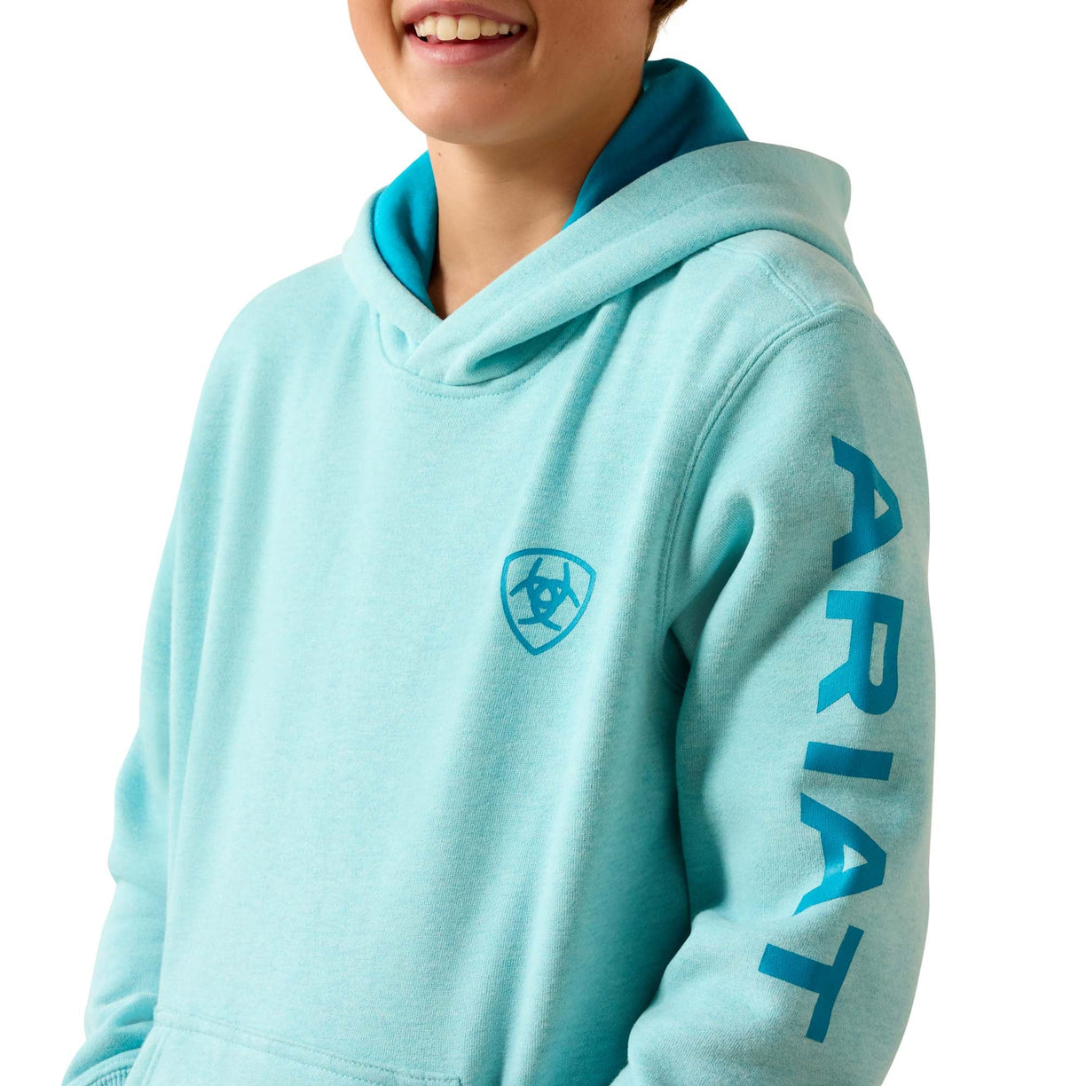 Light blue hoodie with Ariat logo on a white background
