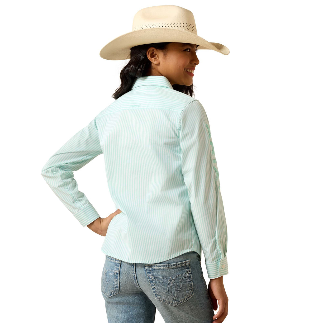 Woman wearing a light blue striped shirt and beige hat on a white background