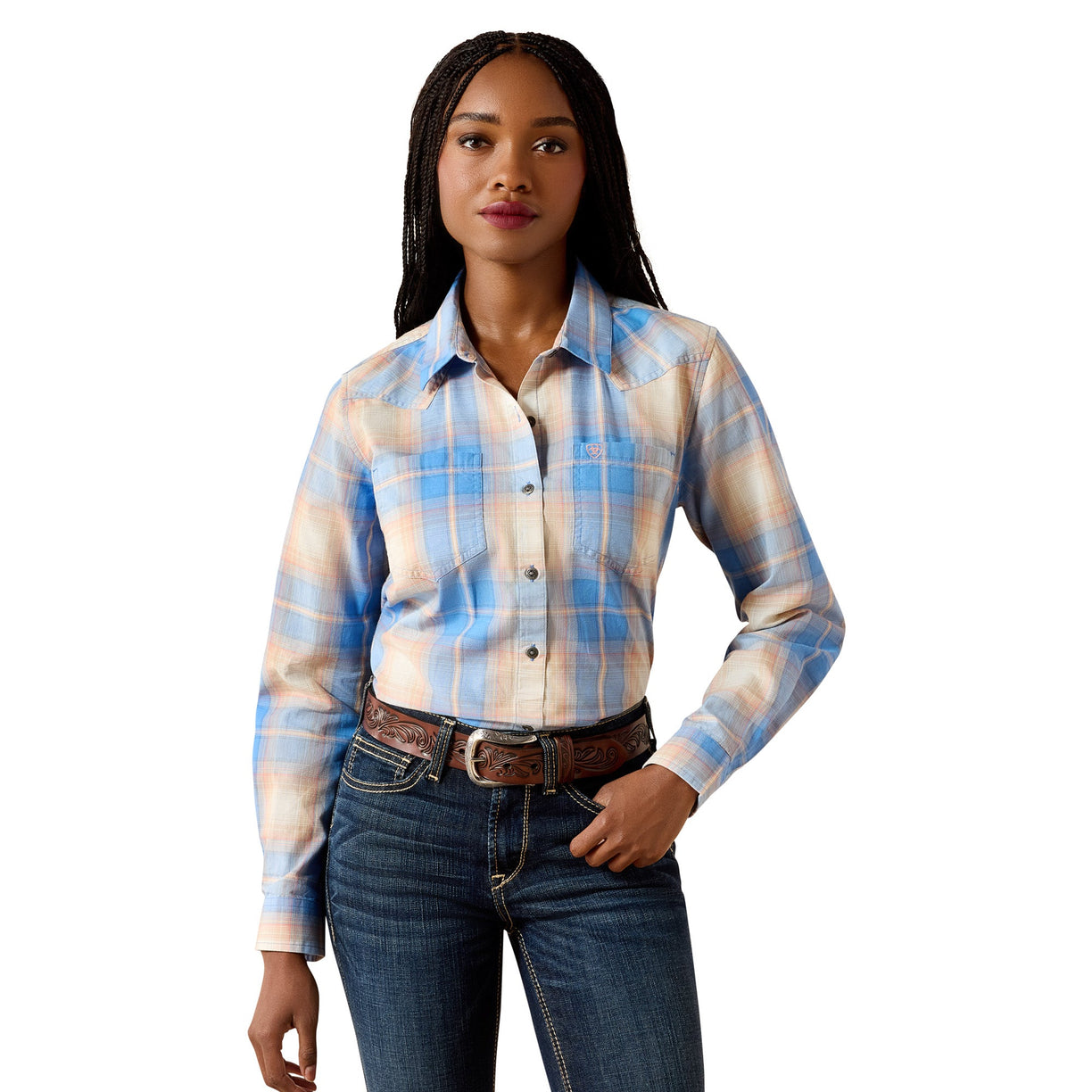 Blue and beige plaid Billie Jean Shirt with button front and chest pockets, styled with dark denim and a tooled belt.