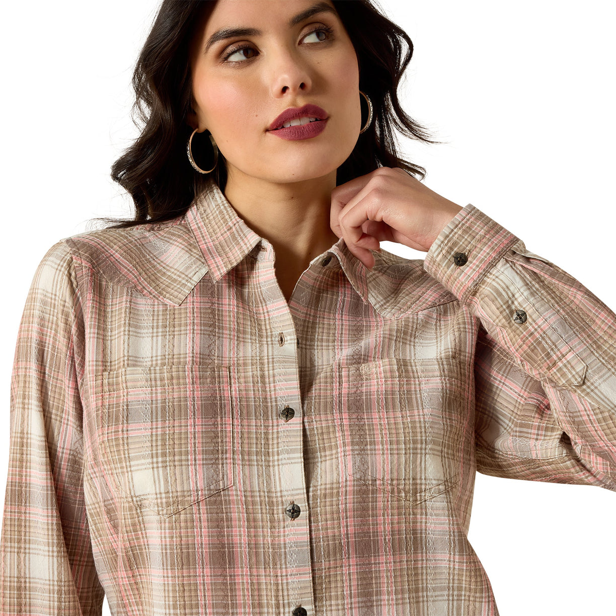 Woman wearing a plaid shirt on a white background