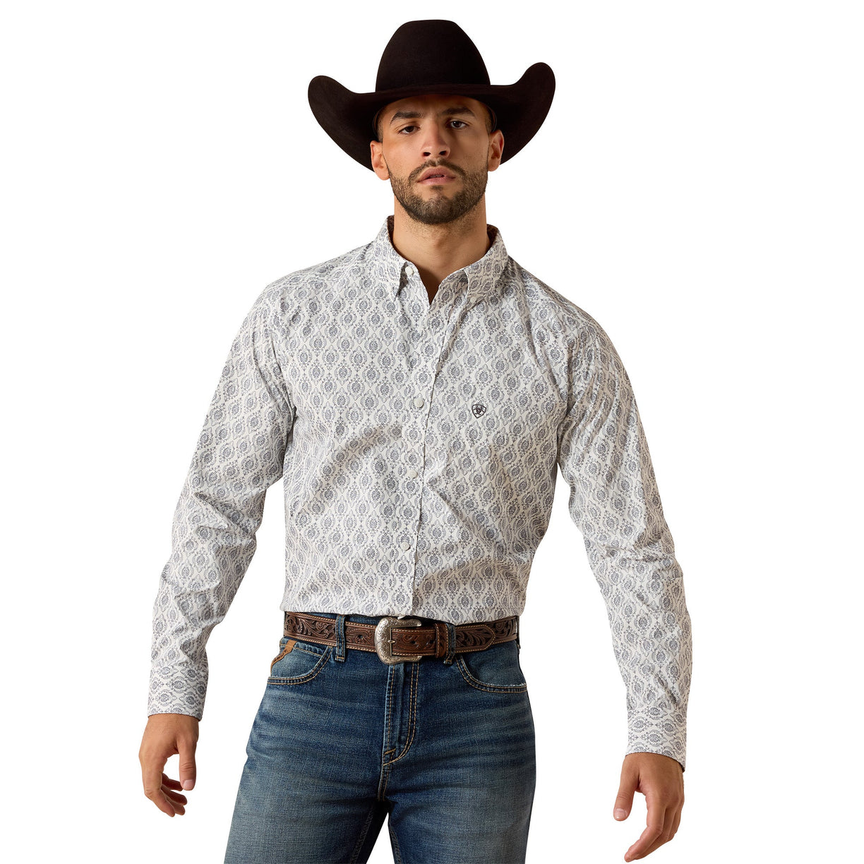 Poe Fitted Shirt shown in a paisley print, buttoned up and worn with jeans.