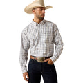 Plaid button-down shirt with a chest pocket, tucked into navy jeans.