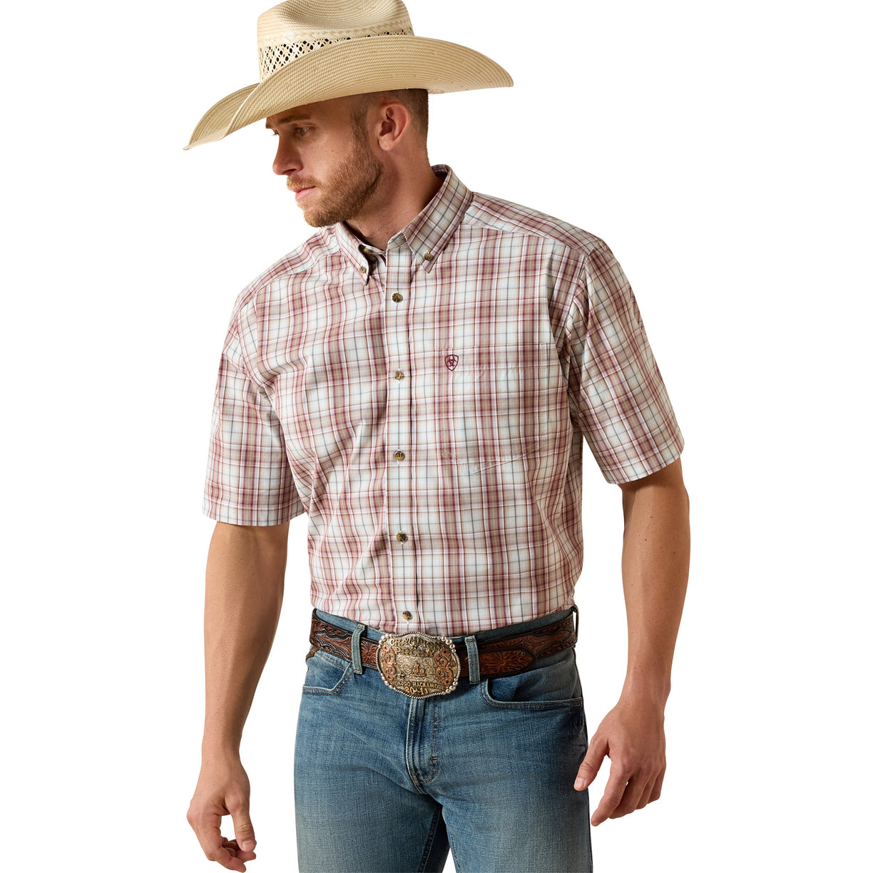 Short-sleeve plaid shirt in cream and burgundy tones, worn with a brown belt.