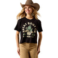 Woman wearing a black t-shirt with 'Artat Boot Co.' logo and a cowboy hat on a white background
