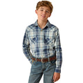A young boy modeling a long-sleeve western plaid shirt in shades of blue, white, and gray, paired with blue jeans and a brown belt, against a solid white background.