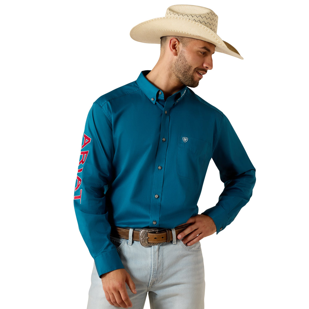Ariat Team Logo Lightweight Twill Classic Fit Shirt in teal with team embroidery on the sleeve.