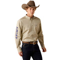 Man wearing a beige Ariat shirt and cowboy hat on a white background