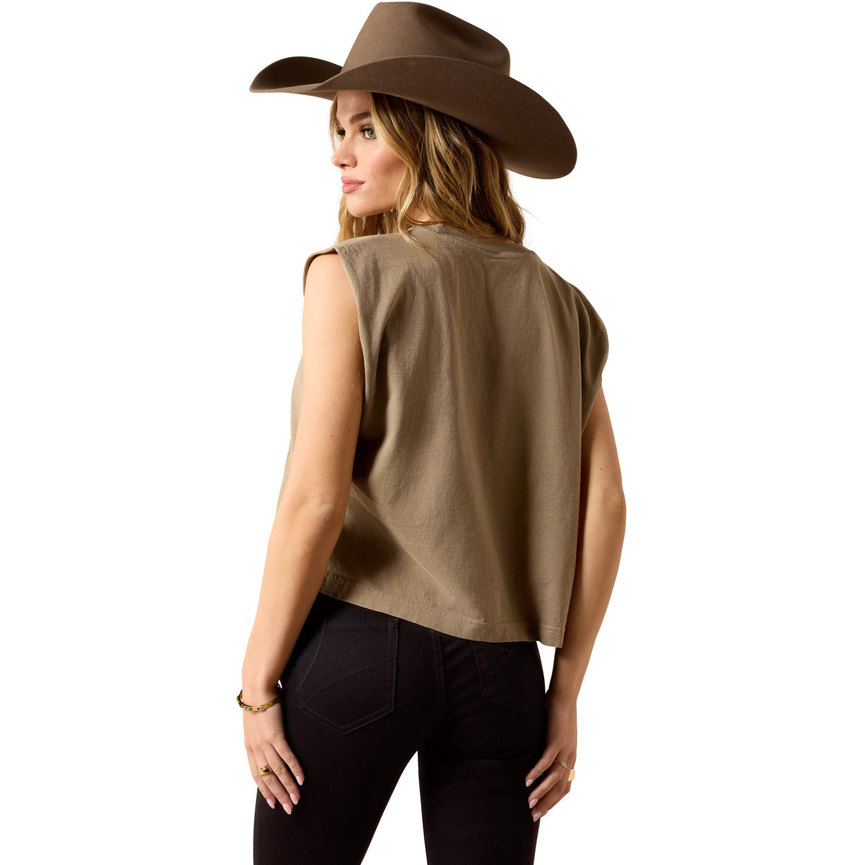 Woman wearing a brown sleeveless top and wide-brimmed hat on a white background