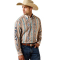 Ariat Team Westlee Classic Fit Shirt in a striped Aztec print, tucked with a leather belt.