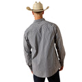 Person wearing a striped shirt and cowboy hat on a white background