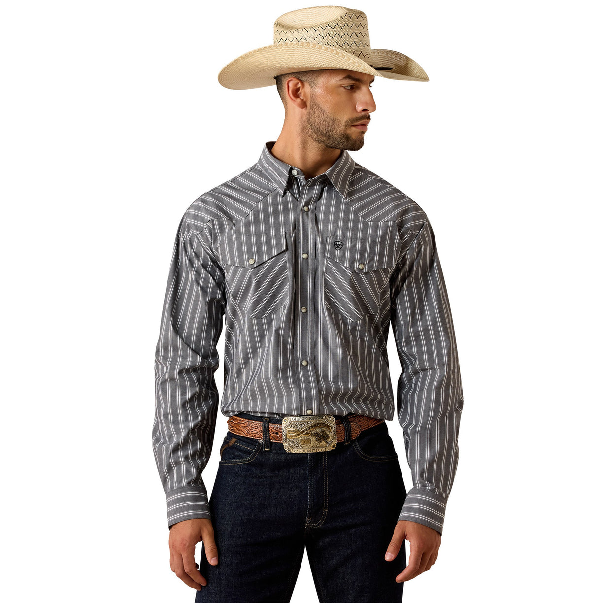 Man wearing a striped shirt, cowboy hat, and jeans on a white background